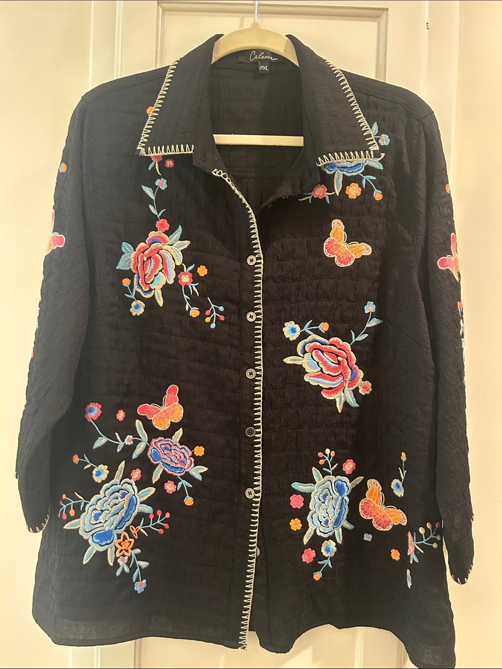 Calessa Black Embroidered Blouse with Subtle Sheen